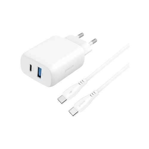 СЗУ Proove Silicone Power 2 30W (Type-C + USB) + Cable Type-C to Type-C (1m) (white)